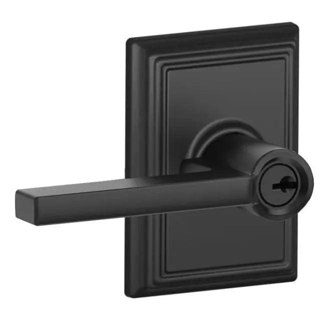 The Schlage Latitude Lever With Addison Rosette Keyed Entry Lock in Flat Black finish