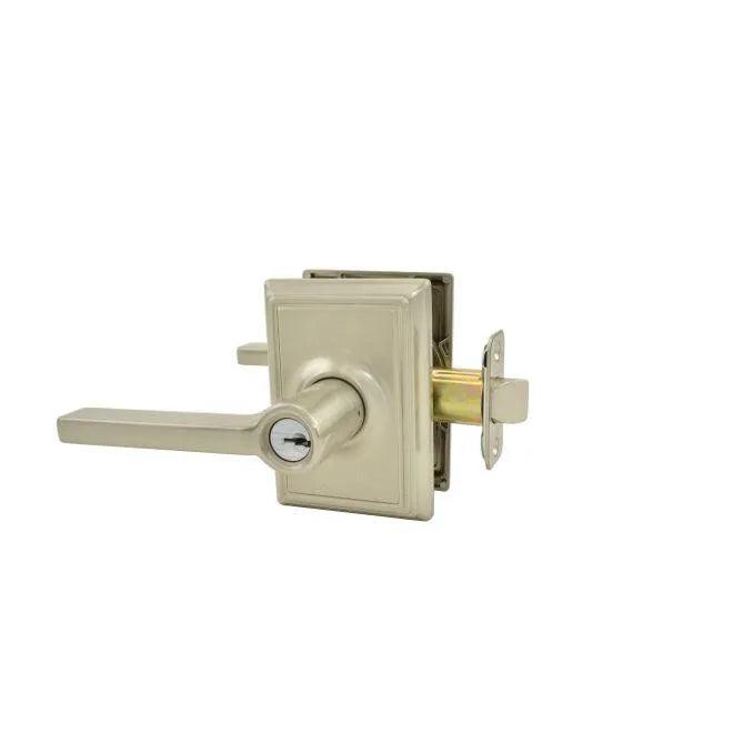 The Schlage Latitude Lever With Addison Rosette Keyed Entry Lock in Satin Nickel finish