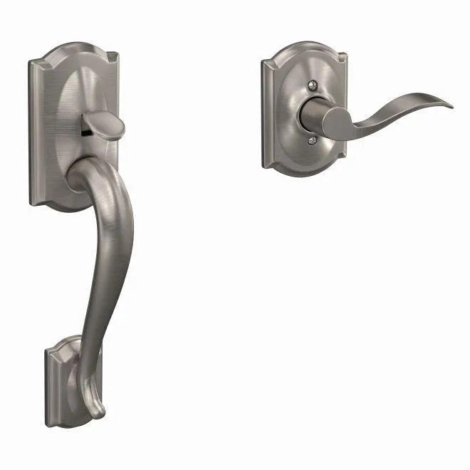 Schlage Left Hand Camelot Bottom Half Handleset With Accent Lever With Camelot Rosette Satin Nickel