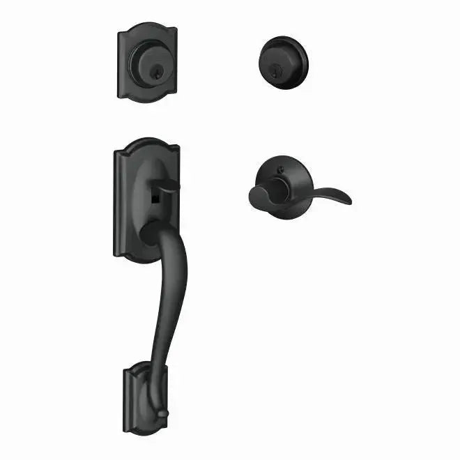 Schlage Camelot Double Cylinder Handleset with Accent Lever in Flat Black finish