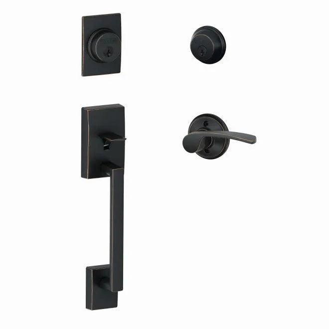 Schlage Left Hand Century Double Cylinder Handleset With Merano Lever Aged Bronze