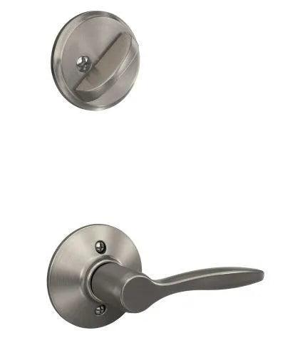 The Schlage Left Handed Interior Handleset Trim Delfayo Lever-Exterior Handleset Sold Separately in Satin Nickel finish