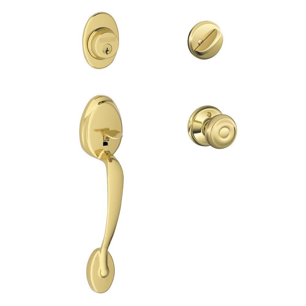 Schlage Plymouth Single Cylinder Handleset with Georgian Knob in Lifetime Brass finish