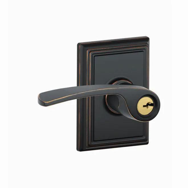 The Schlage Merano Lever With Addison Rosette Keyed Entry Lock in Aged Bronze finish