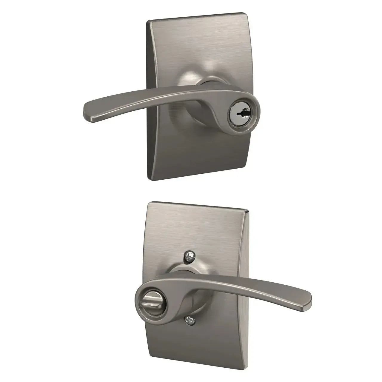 Schlage Merano Lever with Century Rosette in Satin Nickel finish