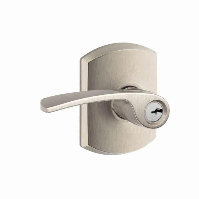 The Schlage Merano Lever With Greenwich Rosette Keyed Entry Lock in Satin Nickel finish