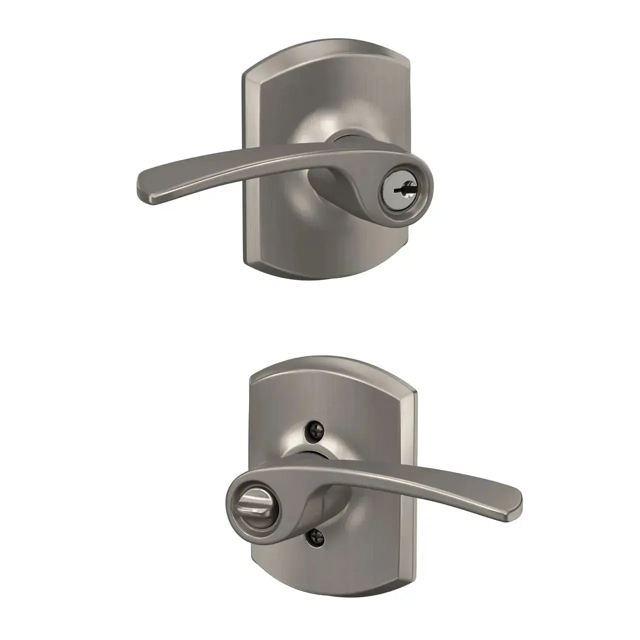 Schlage Merano Lever with Greenwich Rosette in Satin Nickel finish