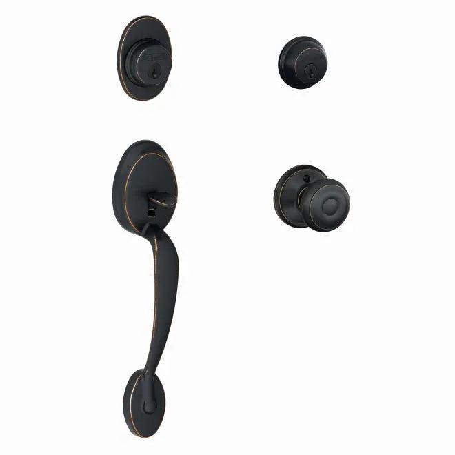 Schlage Plymouth Double Cylinder Handleset With Georgian Knob Aged Bronze