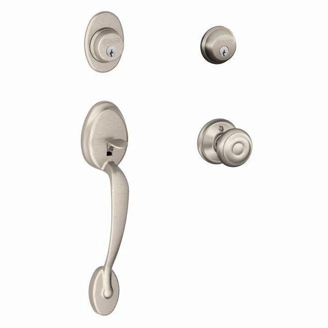 Schlage Plymouth Double Cylinder Handleset With Georgian Knob Satin Nickel
