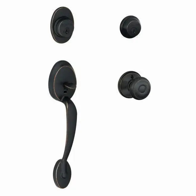 Schlage Plymouth Handleset with Georgian Knob Aged Bronze