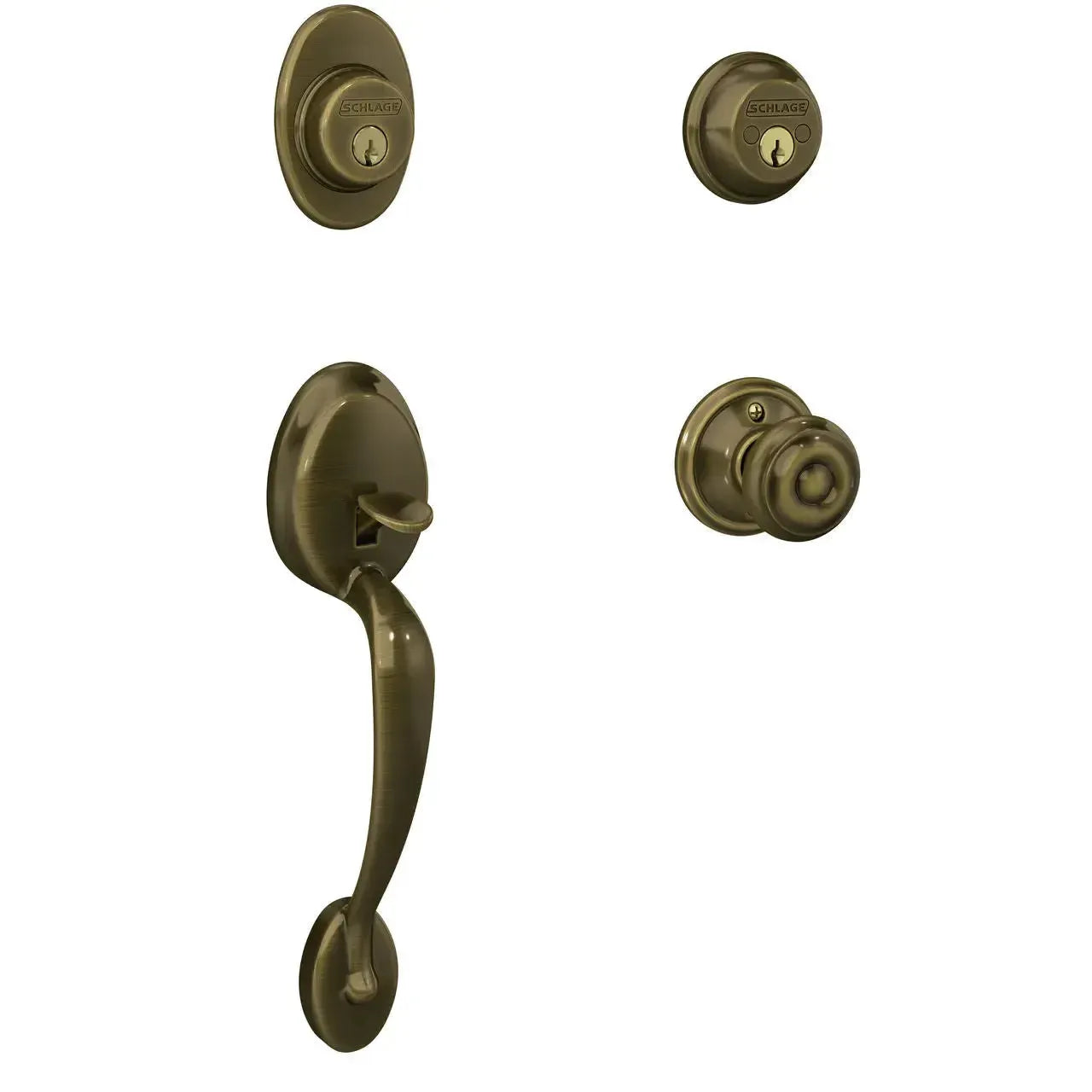 Schlage Plymouth Handleset with Georgian Knob in Antique Brass finish