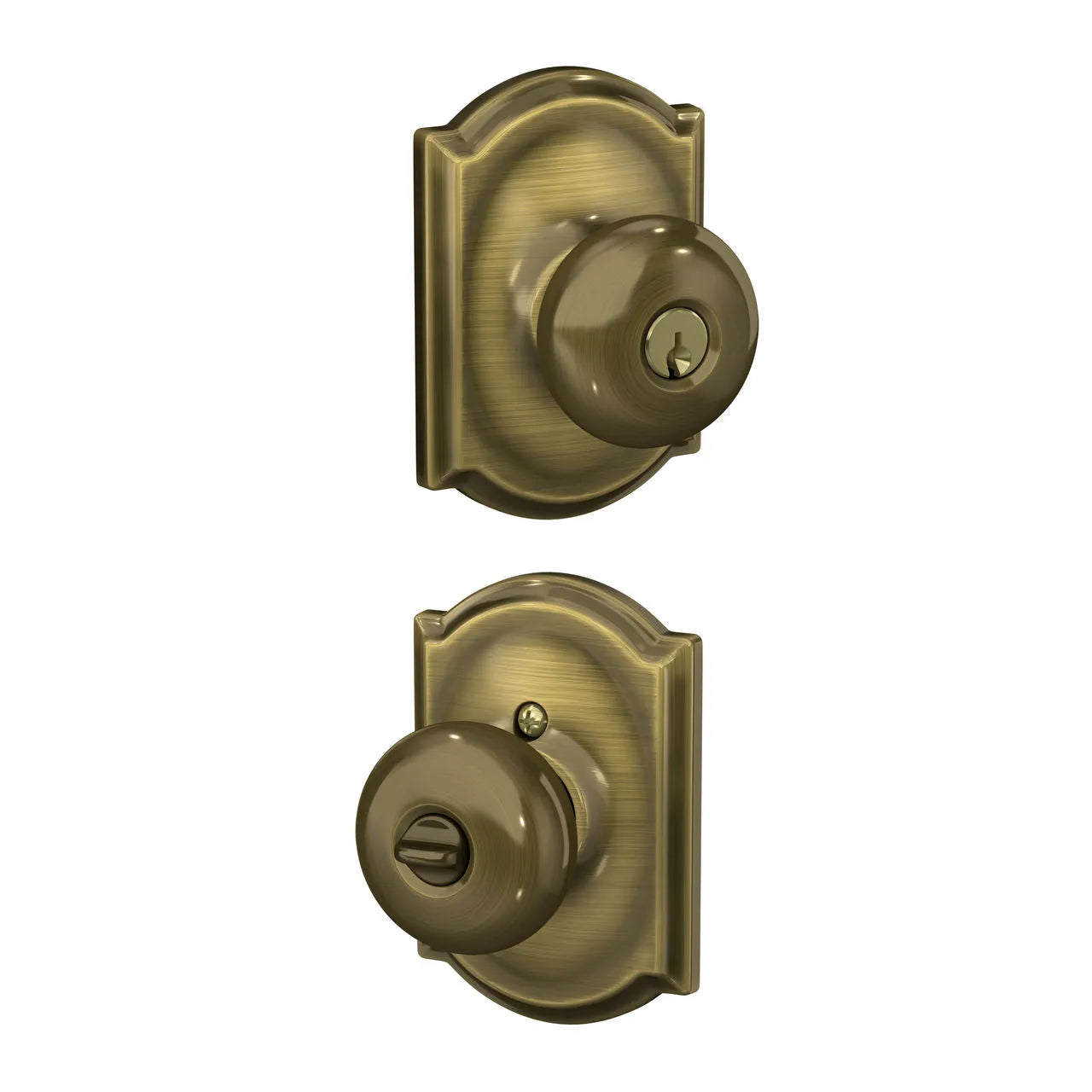 Schlage Plymouth Knob with Camelot Rosette Antique Brass