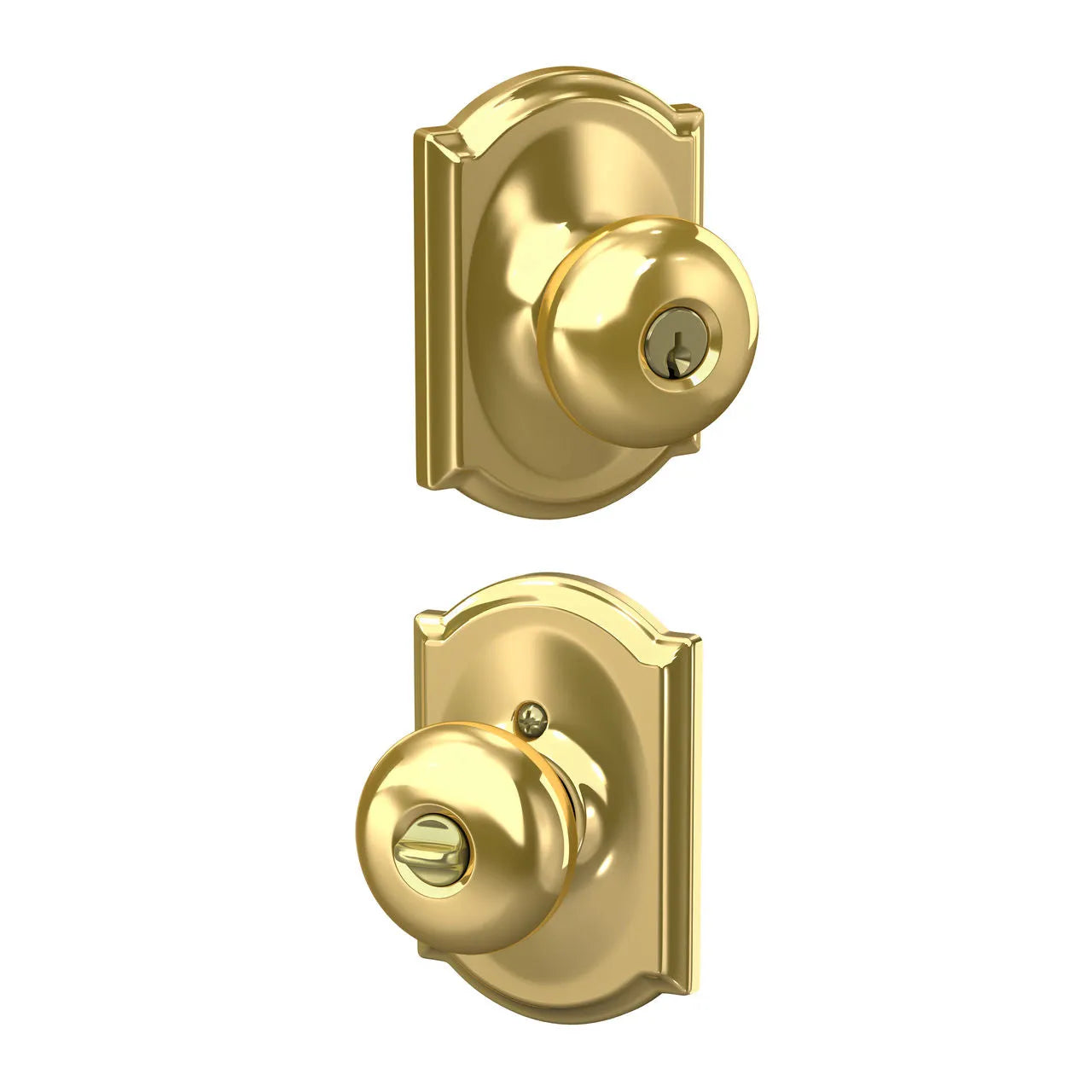 Schlage Plymouth Knob with Camelot Rosette Bright Brass