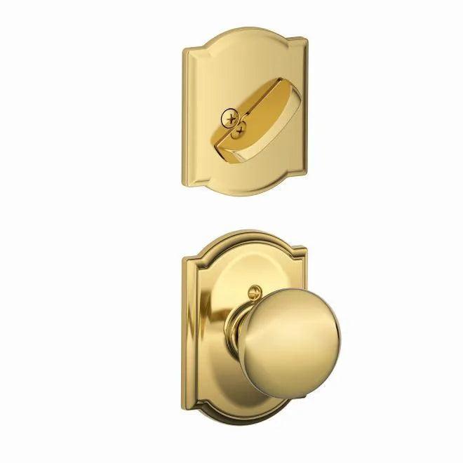 Schlage Plymouth Knob With Camelot Rosette Interior Active Trim - Exterior Handleset Sold Separately in Bright Brass finish