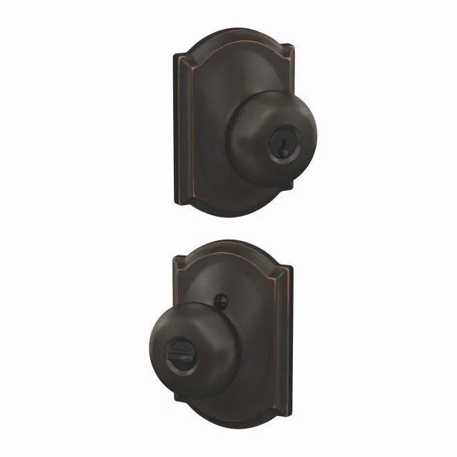 Schlage Plymouth Knob With Camelot Rosette Keyed Entry Lock Aged Bronze