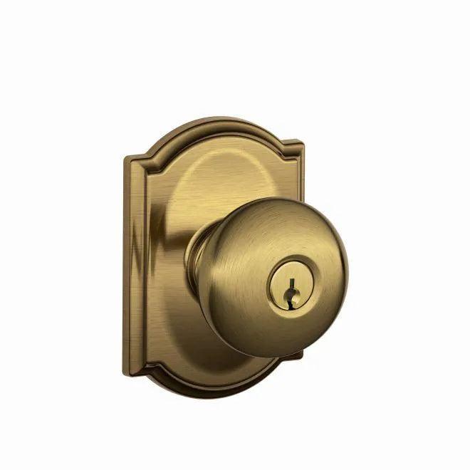Schlage Plymouth Knob With Camelot Rosette Keyed Entry Lock Antique Brass