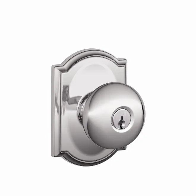Schlage Plymouth Knob With Camelot Rosette Keyed Entry Lock Bright Chrome