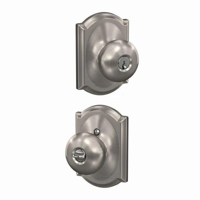 Schlage Plymouth Knob With Camelot Rosette Keyed Entry Lock Satin Nickel
