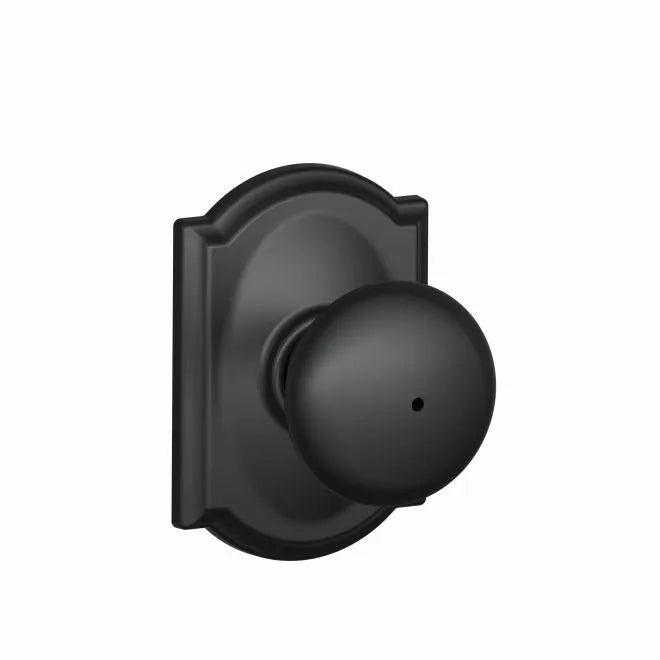 Schlage Plymouth Privacy Knob With Camelot Rosette Flat Black