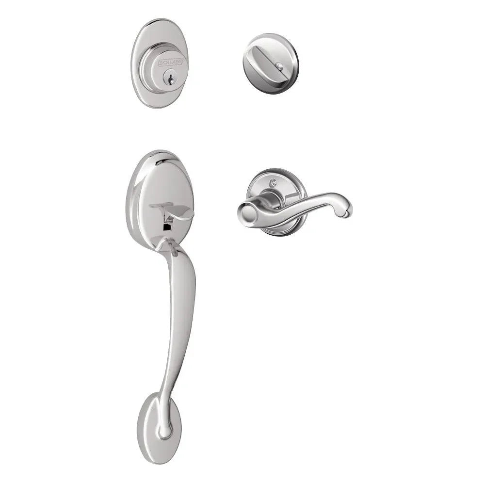 Schlage Plymouth Single Cylinder Handleset with Left Handed Flair Lever Bright Chrome