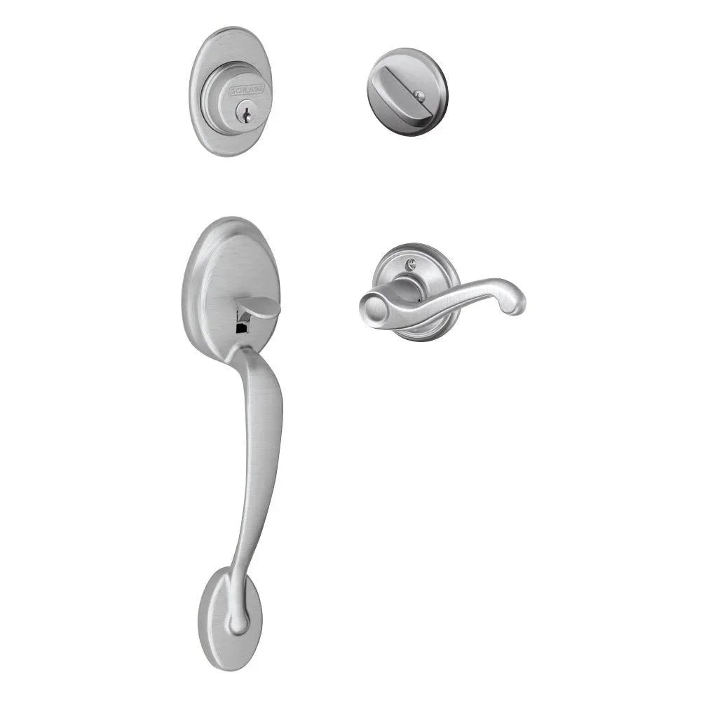 Schlage Plymouth Single Cylinder Handleset with Left Handed Flair Lever Satin Chrome