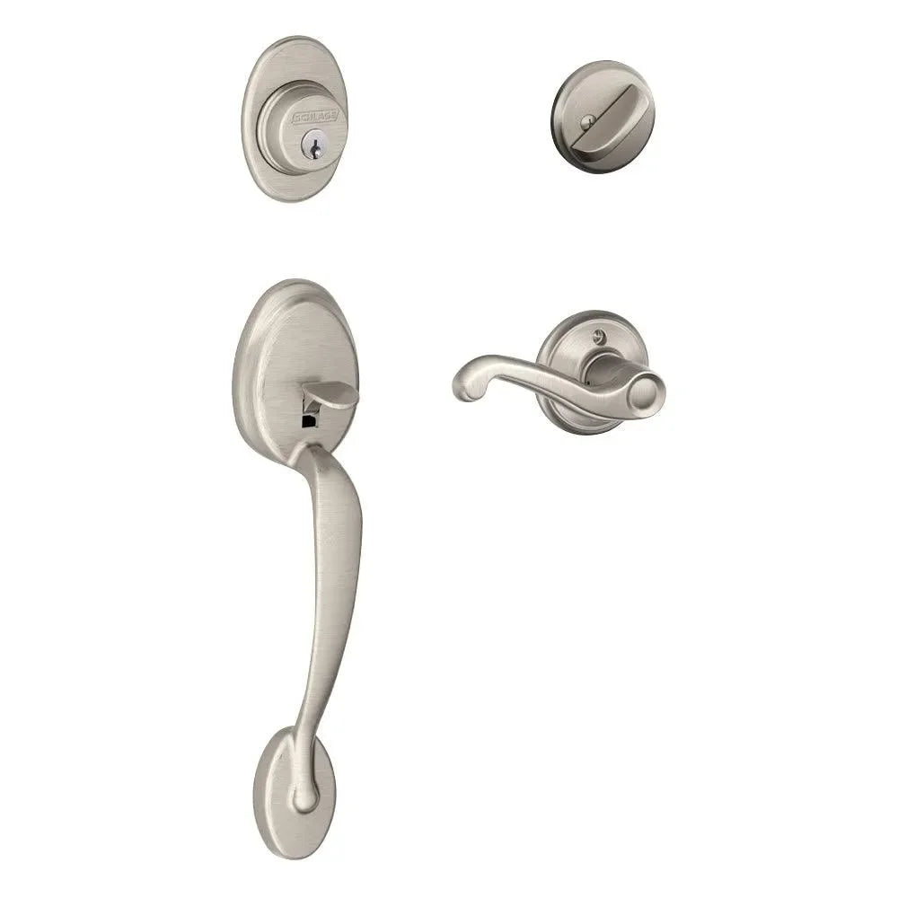 Schlage Plymouth Single Cylinder Handleset with Right Handed Flair Lever Satin Nickel
