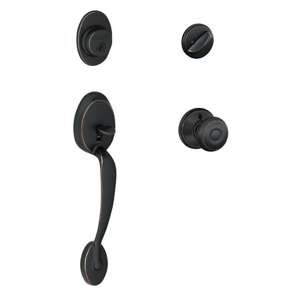 Schlage Plymouth Single Cylinder Handleset with Georgian Knob Aged Bronze