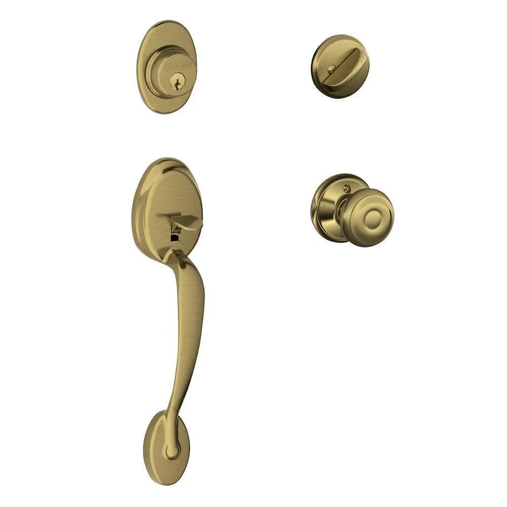 Schlage Plymouth Single Cylinder Handleset with Georgian Knob Antique Brass