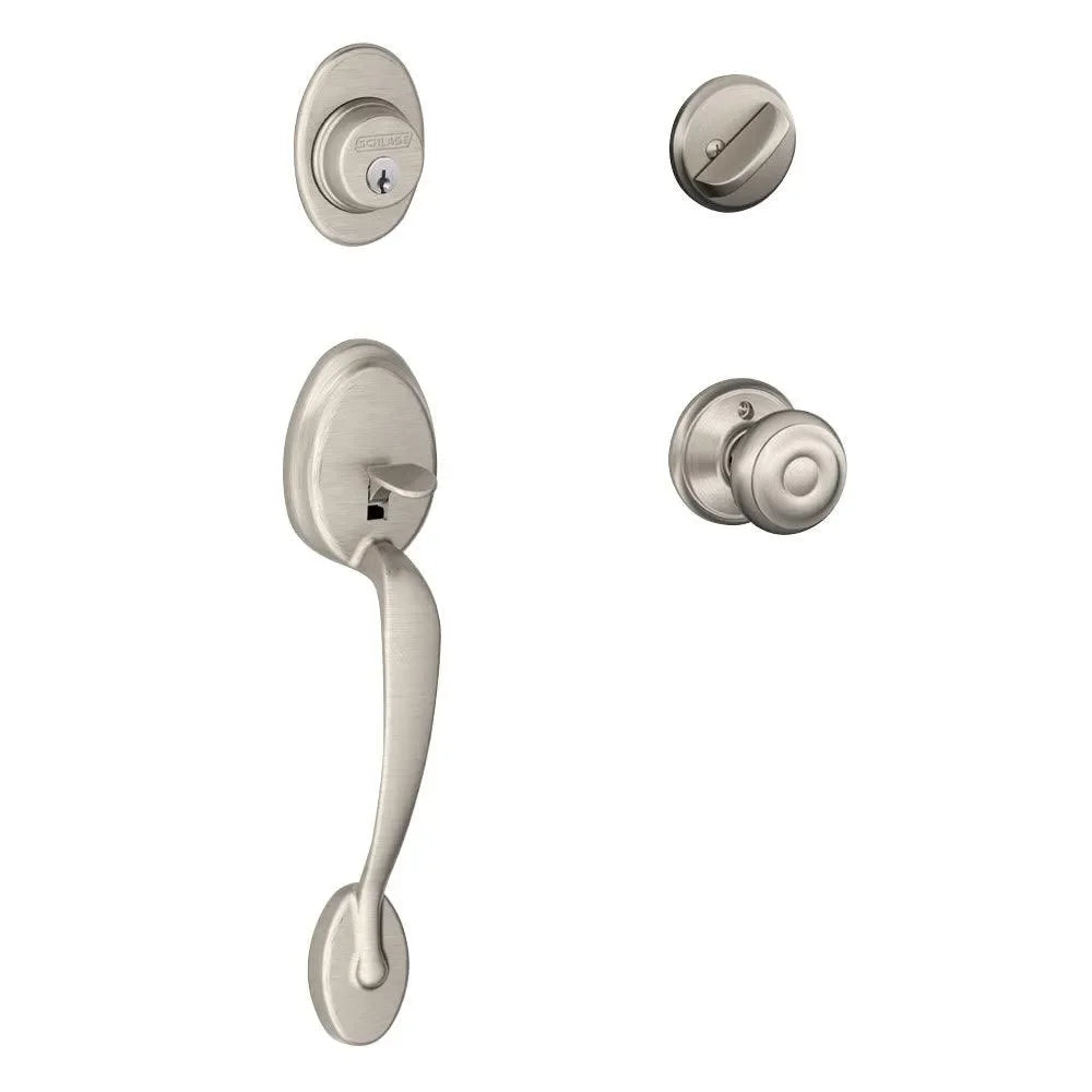 Schlage Plymouth Single Cylinder Handleset with Georgian Knob Satin Nickel