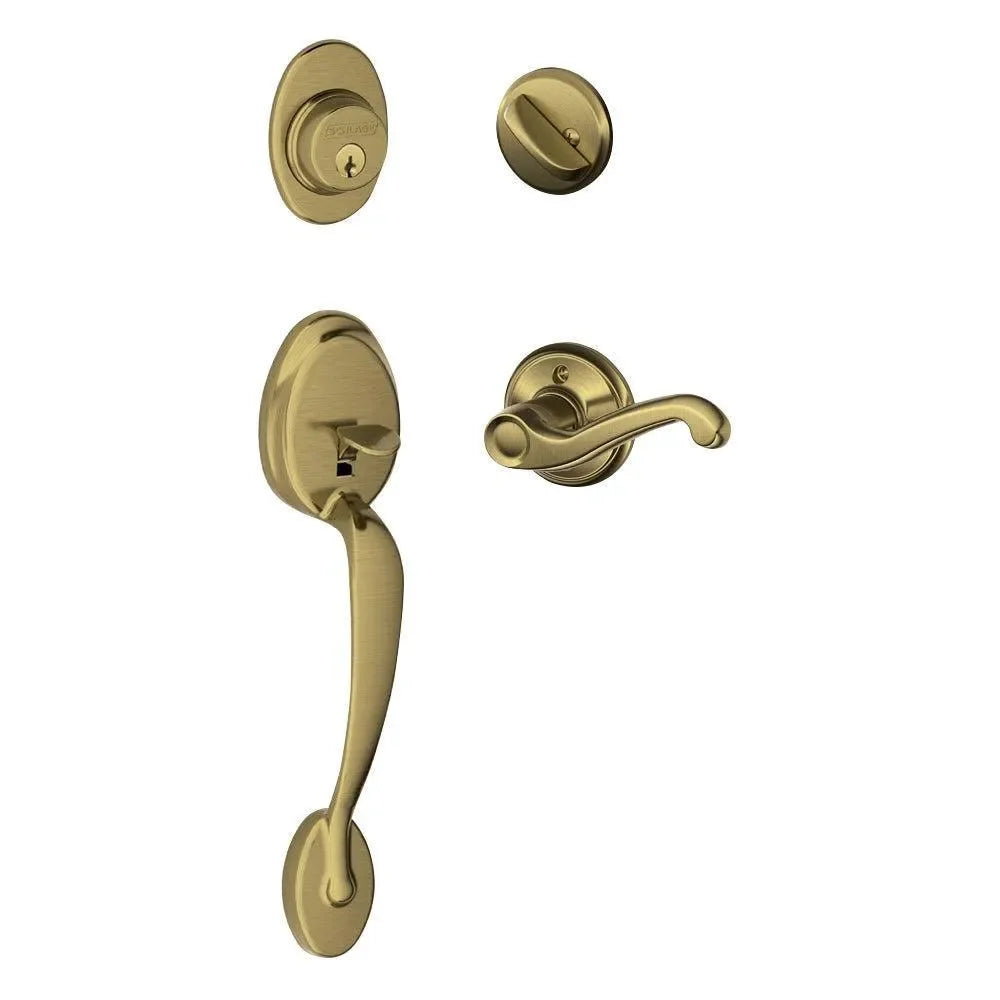 Schlage Plymouth Single Cylinder Handleset with Flair Lever Antique Brass