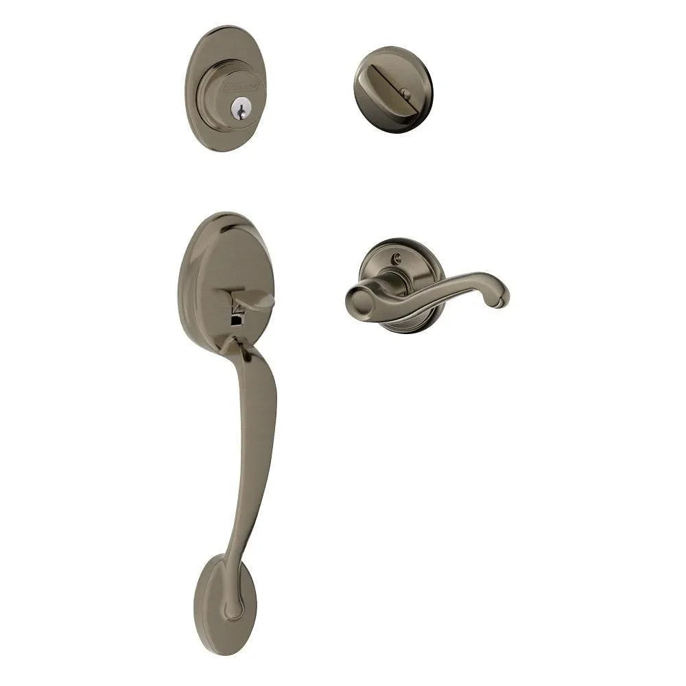 Schlage Plymouth Single Cylinder Handleset with Flair Lever Antique Pewter