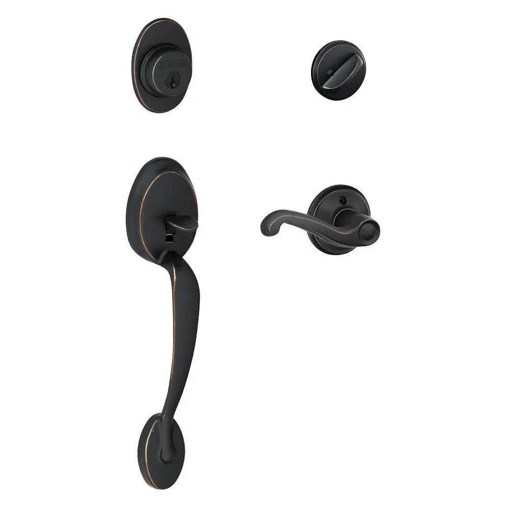 Schlage Plymouth Single Cylinder Handleset with Flair Lever Aged Bronze