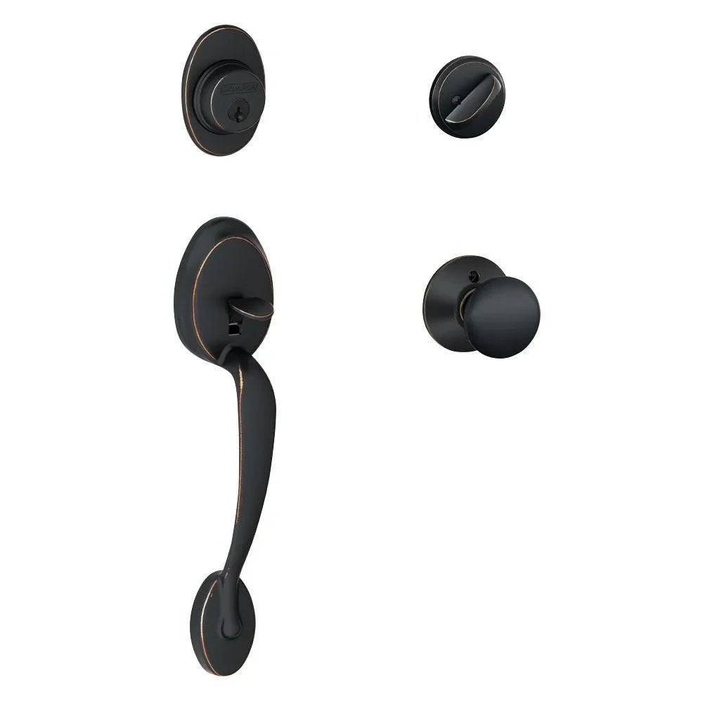 Schlage Plymouth Single Cylinder Handleset with Siena Knob in Aged Bronze finish