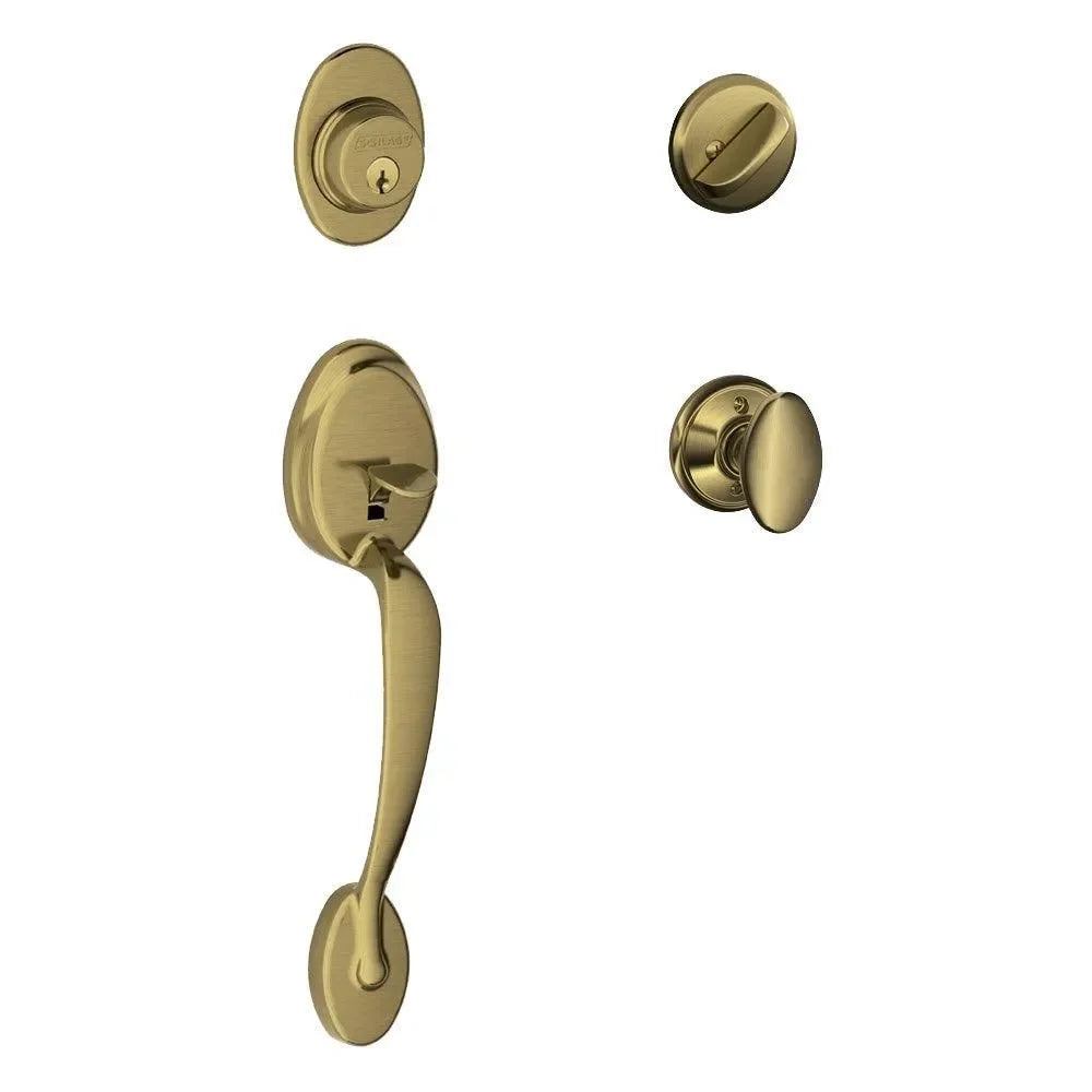 Schlage Plymouth Single Cylinder Handleset with Siena Knob in Antique Brass finish