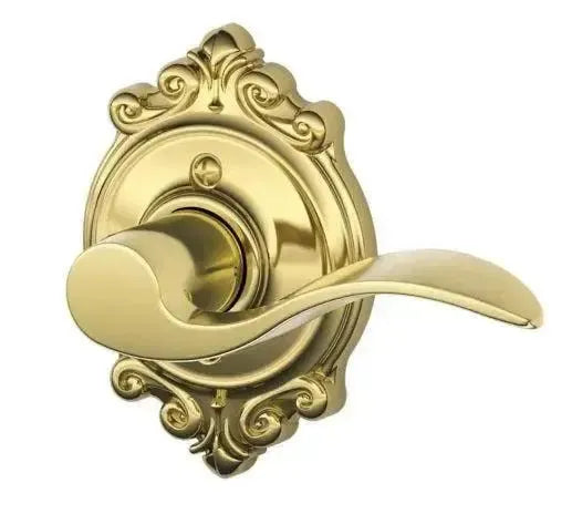 Schlage Accent Lever with Brookshire Rosette in Bright Brass finish