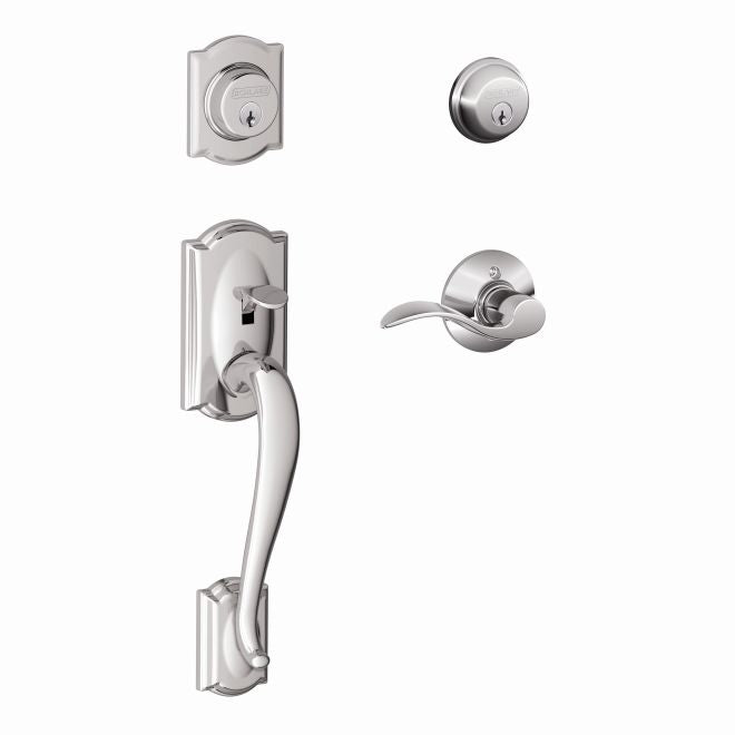 The Schlage Right Hand Camelot Double Cylinder Handleset With Accent Lever in Antique Brass finish