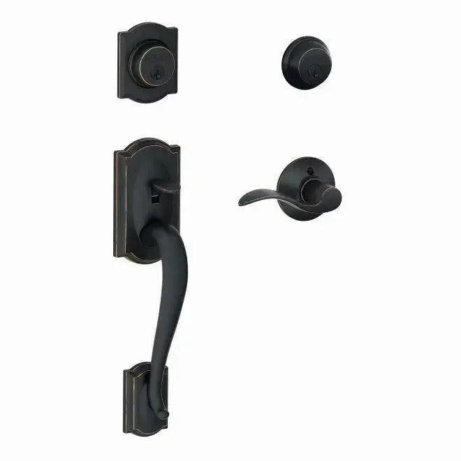 Schlage Camelot Double Cylinder Handleset with Accent Lever in Aged Bronze finish