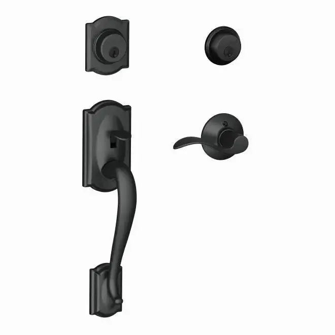 Schlage Camelot Double Cylinder Handleset with Accent Lever in Flat Black finish