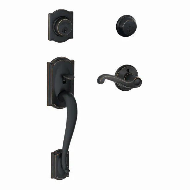 Schlage Right Hand Camelot Double Cylinder Handleset With Flair Lever Aged Bronze