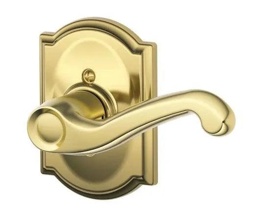 Schlage Right Hand Flair Lever With Camelot Rosette Half Dummy Bright Brass