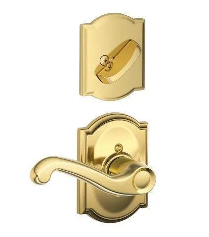 The Schlage Right Hand Flair Lever With Camelot Rosette Interior Active Trim - Exterior Handleset Sold Separately in Bright Brass finish
