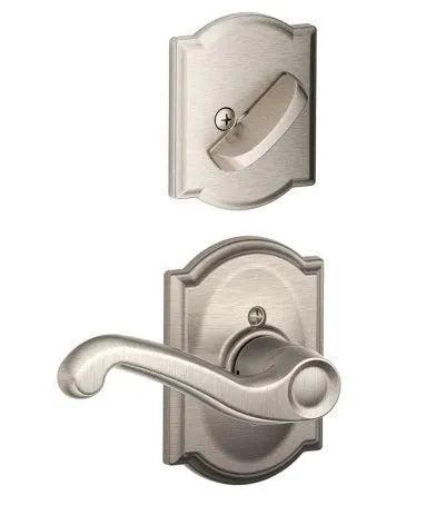 The Schlage Right Hand Flair Lever With Camelot Rosette Interior Active Trim - Exterior Handleset Sold Separately in Satin Nickel finish