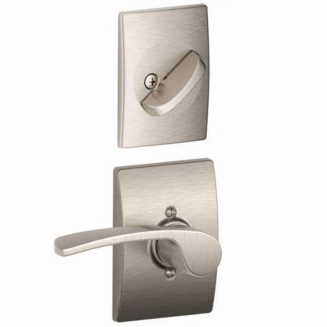 The Schlage Right Hand Merano Lever With Century Rosette Interior Active Trim - Exterior Handleset Sold Separately in Satin Nickel finish