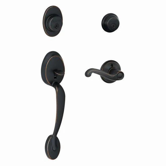 Schlage Right Hand Plymouth Double Cylinder Handleset With Flair Lever Aged Bronze