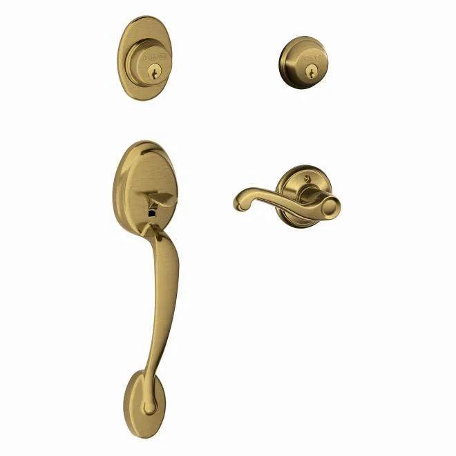 Schlage Right Hand Plymouth Double Cylinder Handleset With Flair Lever Antique Brass