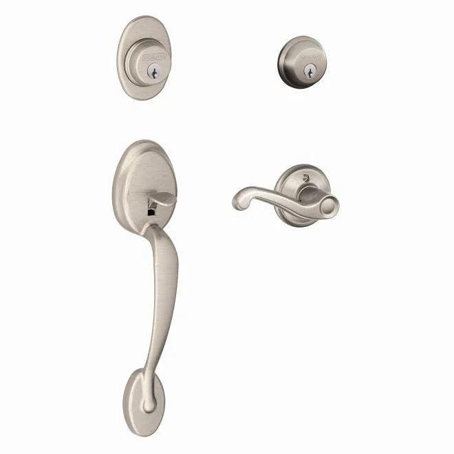 Schlage Right Hand Plymouth Double Cylinder Handleset With Flair Lever Satin Nickel