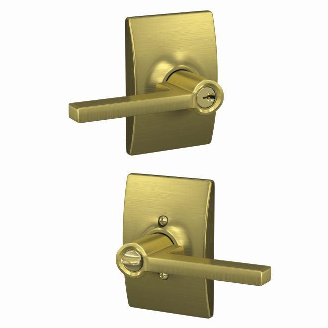 Schlage Custom Latitude Lever With Century Rosette Keyed Entry Lock in Satin Brass finish