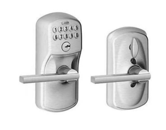 Schlage Electronic Keypad Lever with Plymouth Trim and Latitude Lever with Flex Lock in Satin Chrome finish