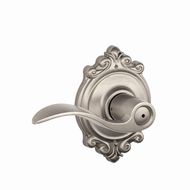 Schlage Accent Privacy Lever With Brookshire Rosette in Satin Nickel finish