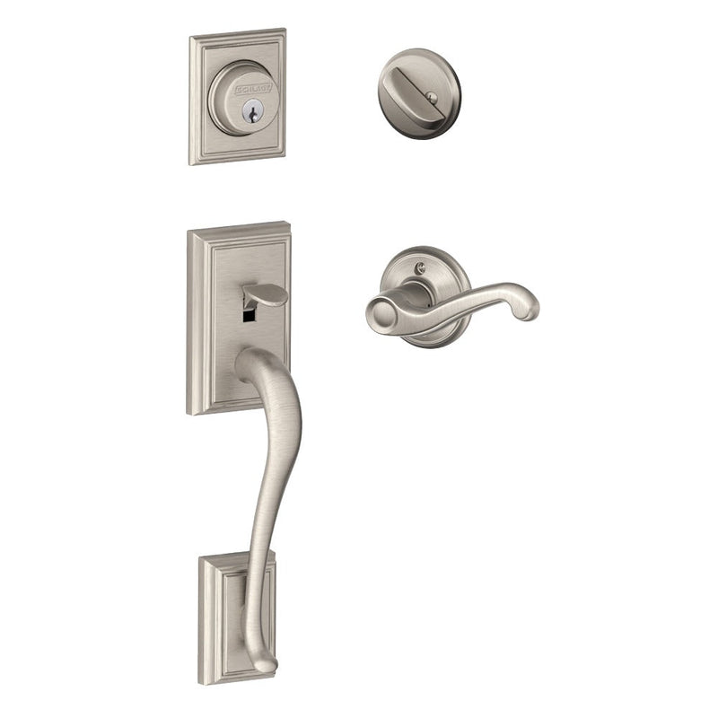 Schlage Addison Single Cylinder Handleset with Handed Flair Lever in Satin Nickel finish